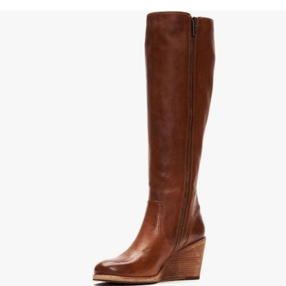 FSJ Brown Comfortable Side Zipper Wedge High Heel Point Toe Fancy Ladies Boot